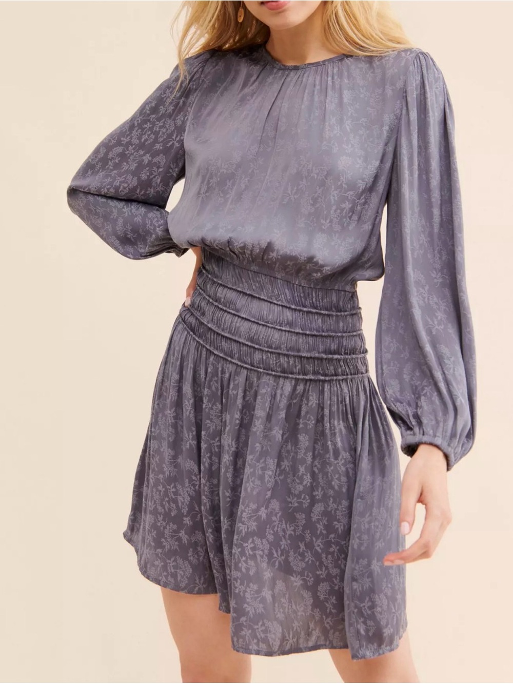ANTHROPOLOGIE CURRENT AIR LOS ANGELES GRAY FLORAL RUCHED WAIST MINI DRESS SMALL
